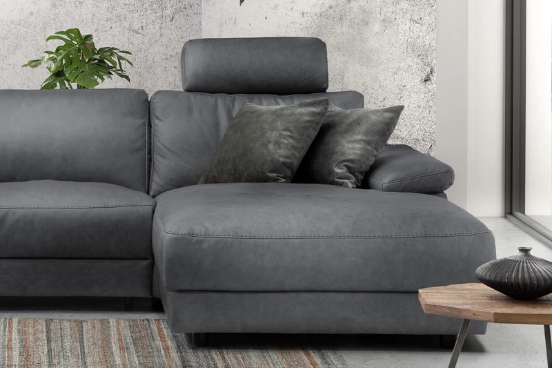 KAWOLA Sofa LOLA Ecksofa Leder grau mit motorischer Relaxfunktion