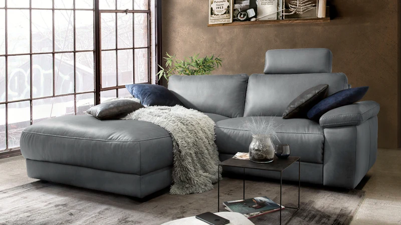 KAWOLA Sofa LOLA Ecksofa Leder grau mit motorischer Relaxfunktion