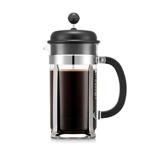 Bodum Caffettiera French Press Schwarz – 1L / 8 Tassen Kaffeebereiter – Hitzebeständiges Glas – Edelstahlfilter – BPA-frei & spülmaschinenfest – Hergestellt in Portugal