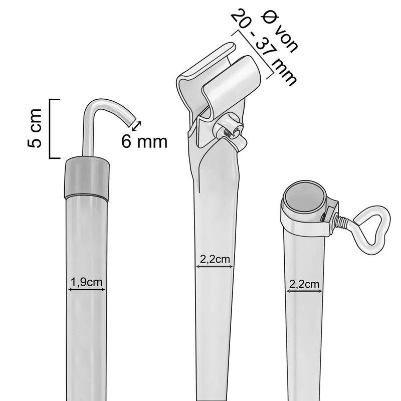 Stahl Dachhakenstange Zeltstange - mit Klemme und Haken - teleskopierbar 210-290 cm - 22/19mm | 3 Teile - leicht - stabil - Ersatz Gestänge Zelt Vorzelt Camping Teleskopstange Dachstange