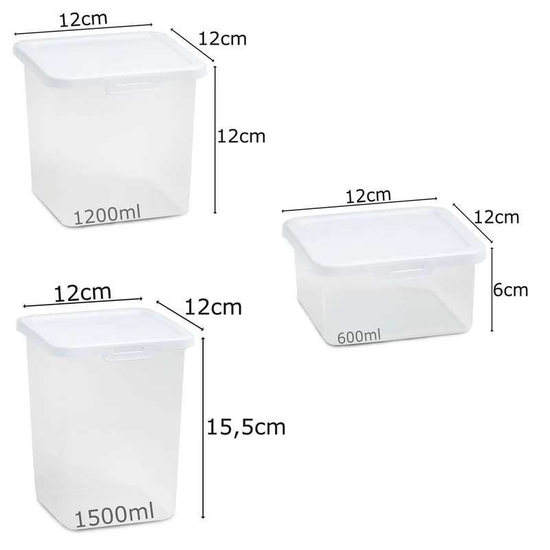 Kleine Vorratsdosenset 600+1200+1500ml - Gefrierdose Frischhaltedose Mikrowellengeeignet Spülmaschinengeeignet Lebensmittelecht - transparent mit weißem Deckel