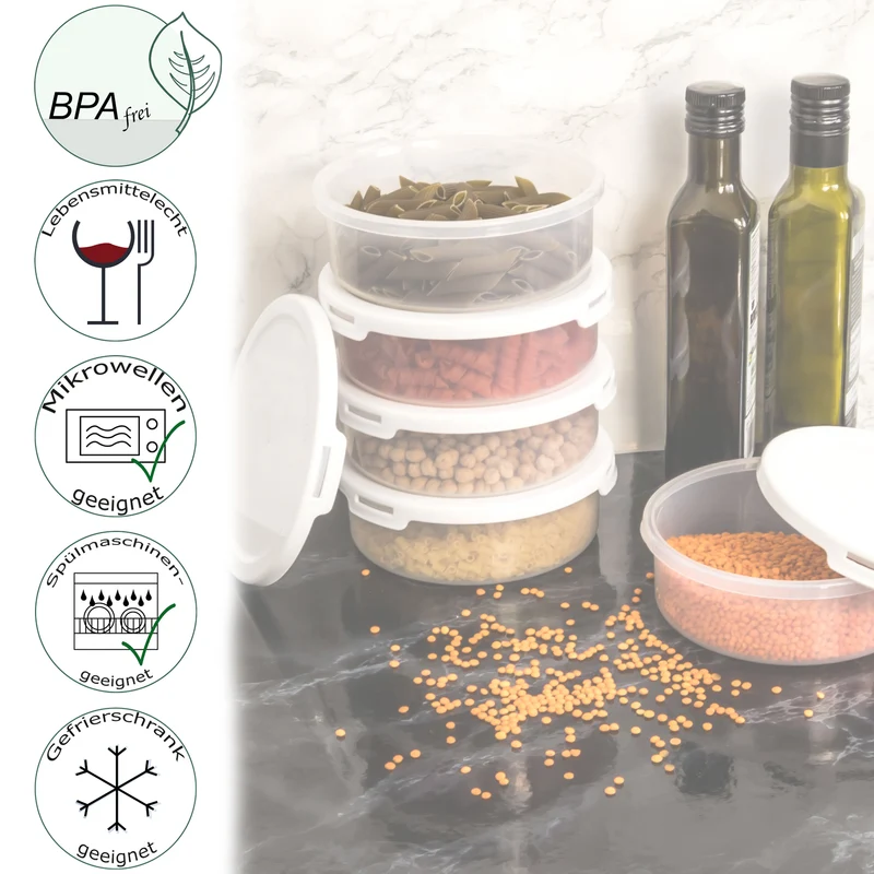 Kleine Vorratsdosenset 600+1200+1500ml - Gefrierdose Frischhaltedose Mikrowellengeeignet Spülmaschinengeeignet Lebensmittelecht - transparent mit weißem Deckel