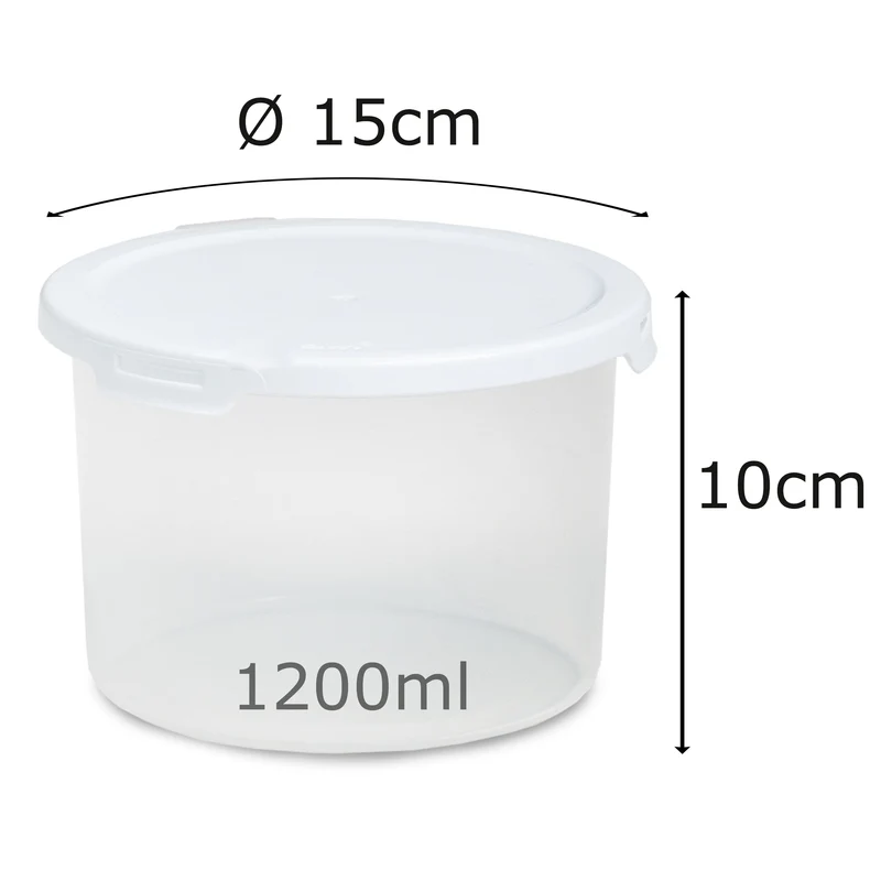 Runde Vorratsdosen Set 1200ml - Ø15x10 cm Snackdose Gefrierdose Frischhaltedose Mikrowellengeeignet Spülmaschinengeeignet - transparent mit weißem Deckel