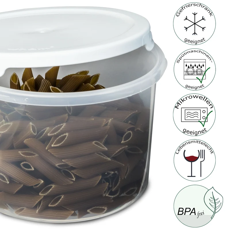 Runde Vorratsdosen Set 1200ml - Ø15x10 cm Snackdose Gefrierdose Frischhaltedose Mikrowellengeeignet Spülmaschinengeeignet - transparent mit weißem Deckel