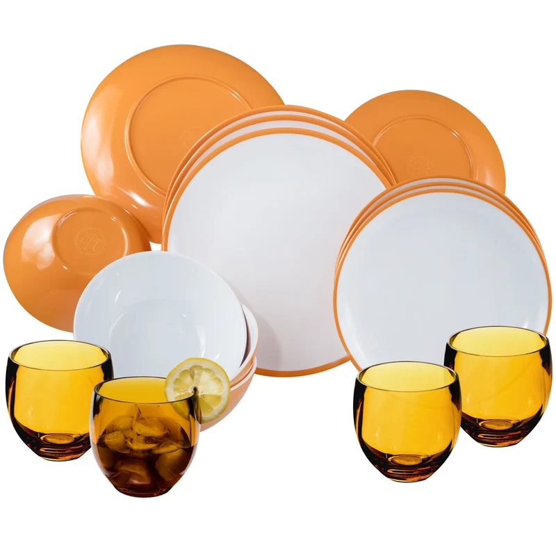 Melamin Geschirr und Acryl Glas Set für 4 Personen - 16 Teile - Campinggeschirr - gelb weiß - mit Trinkglas 400 ml gold Gläsern - Essgeschirr