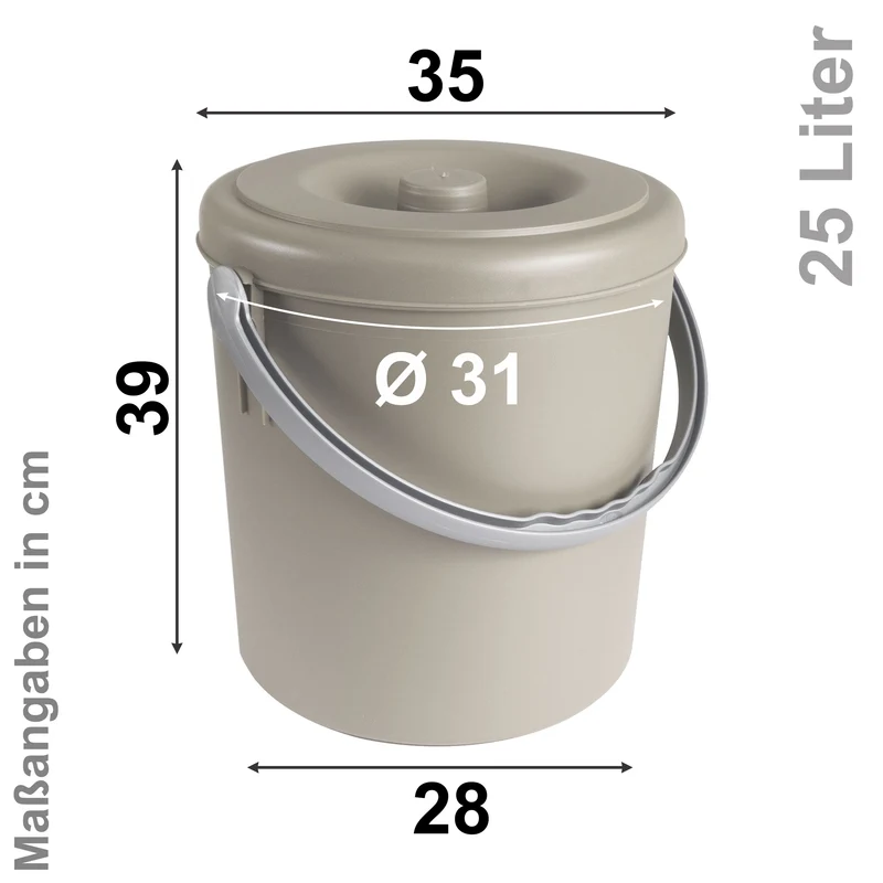 Mülleimer 25 Liter mit verschließbarem Deckel und Henkel - 37cm hoch - Ø31cm Abfallsammler Biomüll Eimer Küche Mülltonne Windeleimer Senioren Baby Kunststoff rund
