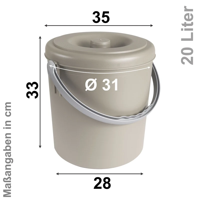 Mülleimer 20 Liter mit verschließbarem Deckel und Henkel - 31cm hoch - Ø30cm Abfallsammler Biomüll Eimer Küche Mülltonne Windeleimer Senioren Baby Kunststoff rund