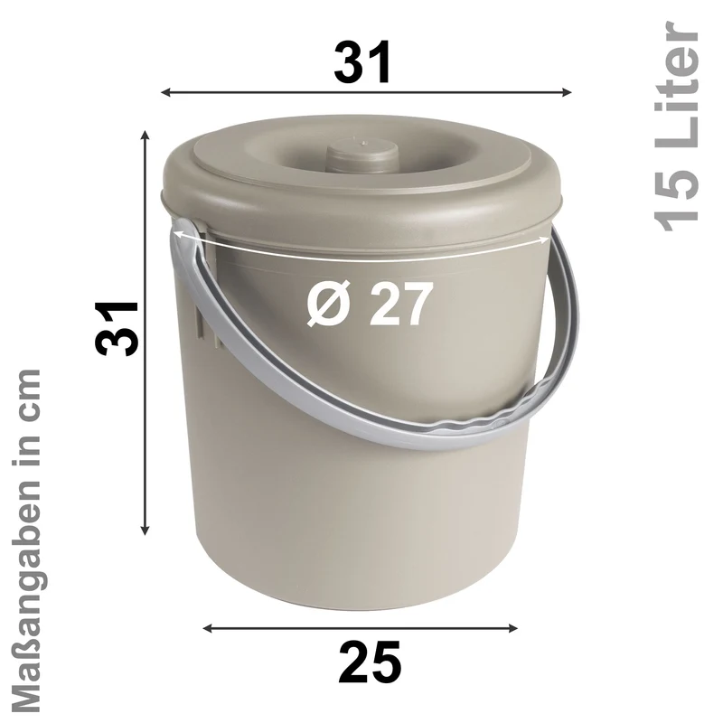 Mülleimer 15 Liter mit verschließbarem Deckel und Henkel 29cm hoch - Ø27cm Abfallsammler Biomüll Eimer Küche Mülltonne Windeleimer Senioren Baby Kunststoff rund