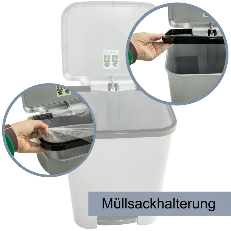Mülleimer Treteimer 52 Liter eckig 42x38x50cm Kunststoff - Duoeimer mit Trennschiene Pedal Küche Pedaleimer Papierkorb Eimer Abfalleimer Abfallbehälter Mülltonne Müll Mistkübel