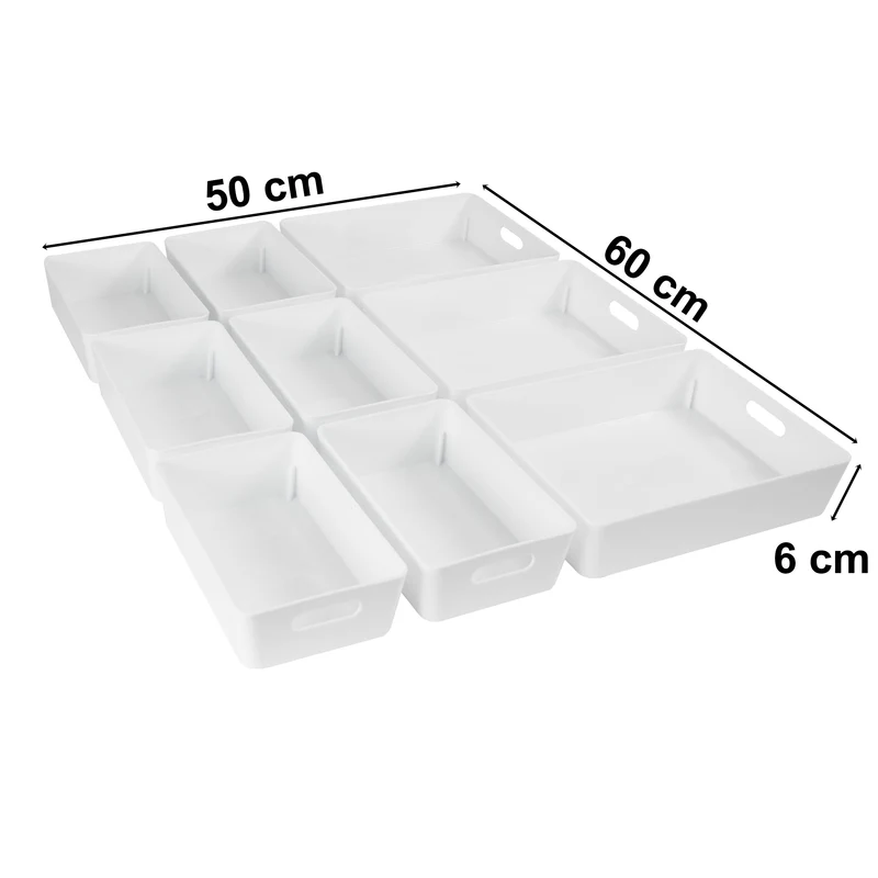 Schubladen Organizer - 6 cm hoch - 9 Teile - in 2 Größen - für 50x60cm Schublade Aufbewahrungsbox weiß - Ordnungssystem