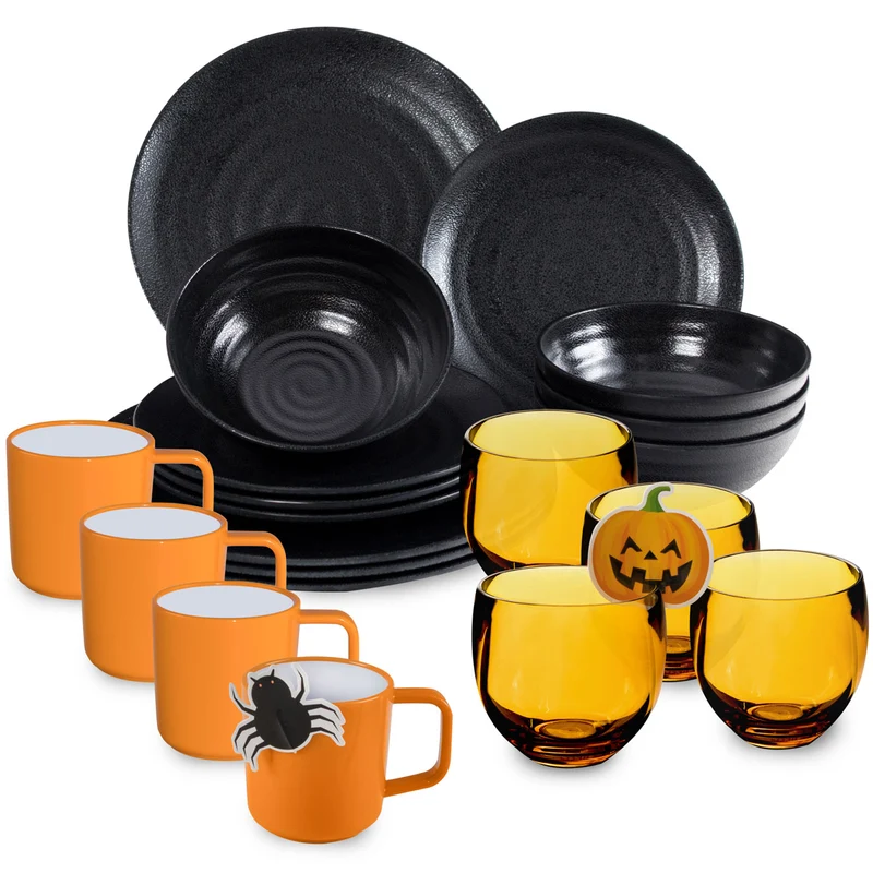Halloween Geschirrset aus Melamin für 4 Personen - 20 Teile - schwarz - mit orangen Trinkgläsern - Partygedeck Partygeschirr Party Tischdeko