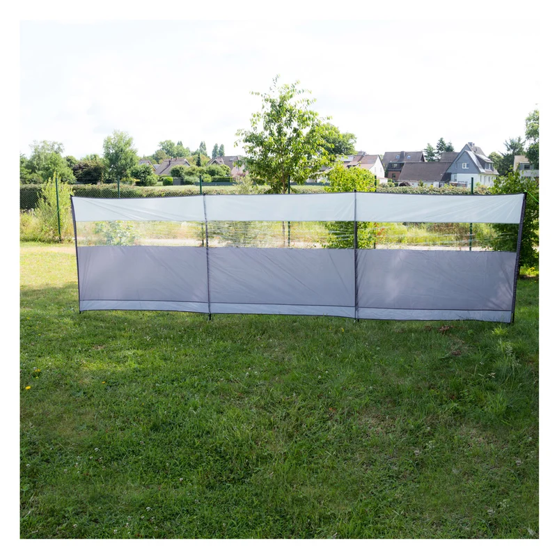 Windschutz mit Stahlstangen 500x140cm mit Heringsplatten mit Sichtfenster - Sichtsschutz mit Heringen Abspannseilen Schutzwand mobil leichter Aufbau - variabler Aufbau - Ankerplatte