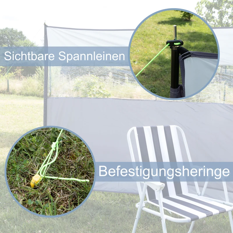 Windschutz mit Stahlstangen 500x140cm mit Heringsplatten mit Sichtfenster - Sichtsschutz mit Heringen Abspannseilen Schutzwand mobil leichter Aufbau - variabler Aufbau - Ankerplatte
