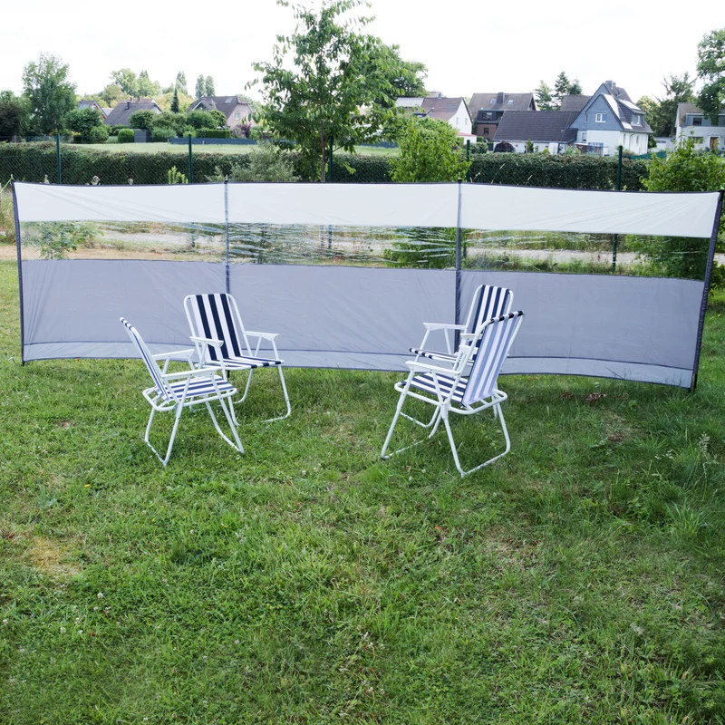 Windschutz mit Stahlstangen 500x140cm mit Heringsplatten mit Sichtfenster - Sichtsschutz mit Heringen Abspannseilen Schutzwand mobil leichter Aufbau - variabler Aufbau - Ankerplatte
