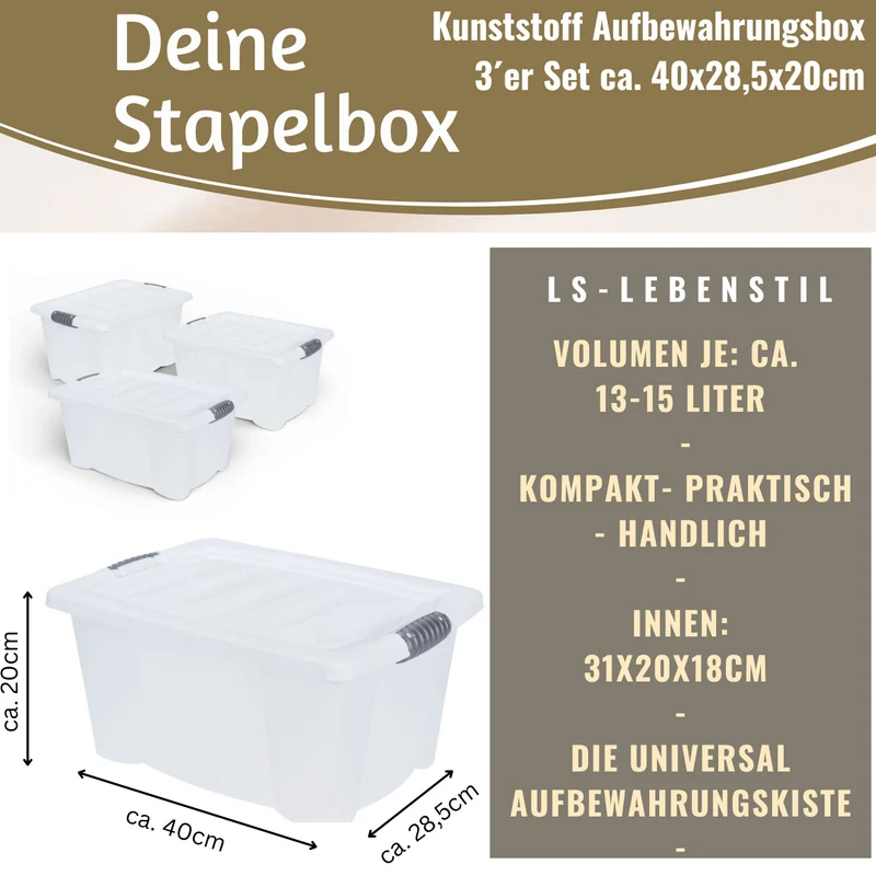 XL Stapelbox Allzweckbox 3´er Set 40x28cm mit Deckel Transportbox Stapelkiste