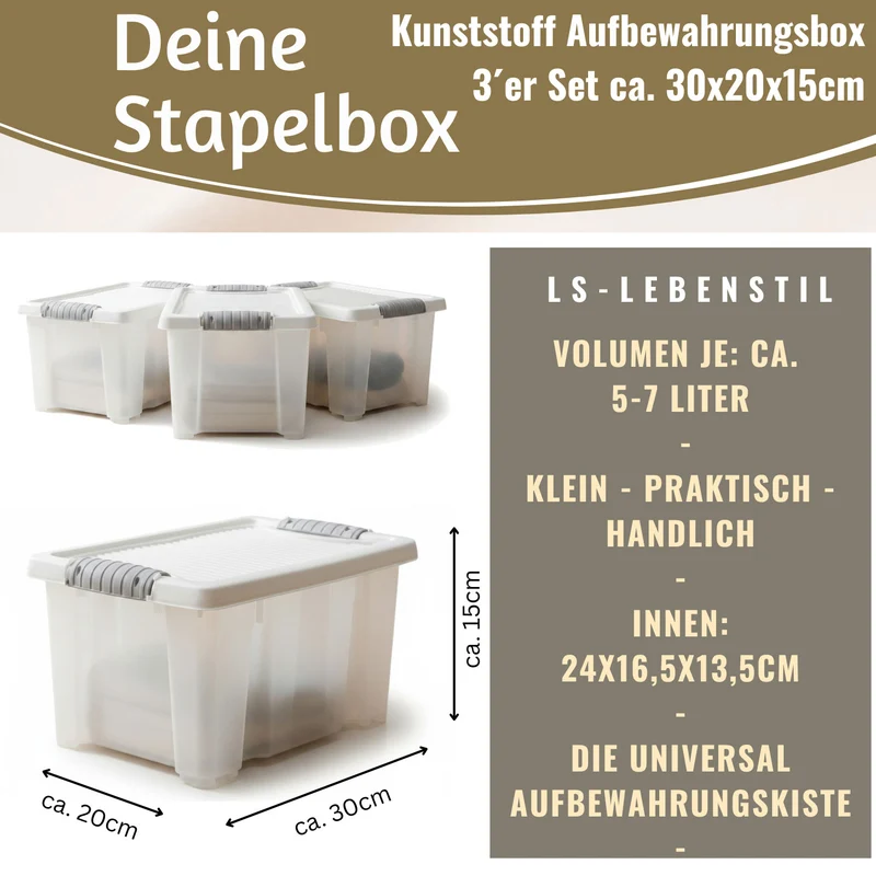 Stapelbox Allzweckbox 3´er Set 30x20x15cm mit Deckel Transportbox Stapelkiste