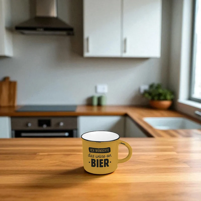 Vintage Kaffeebecher 400ml Keramik "wünschte ein Bier" Blau Emaille-Look Kaffeetasse