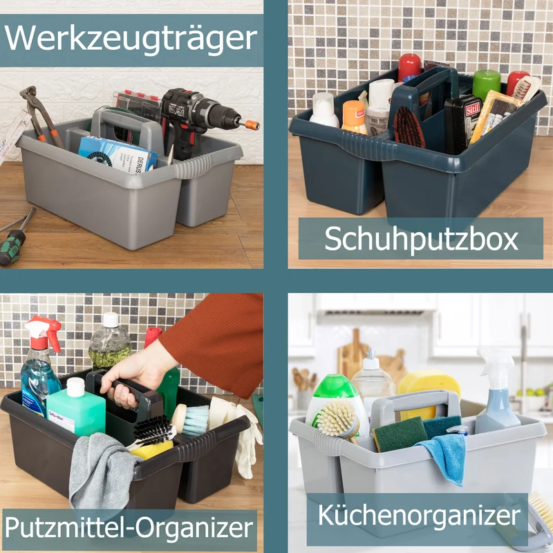 Tragbarer Mehrzweck Organizer 38x32x15 cm für Putzmittel Werkzeugträger Gartengerätekorb Schuhputzkasten - Putzkasten für Pferd Reinigungsmittel Putz Caddy Flaschenträger Putzbox Putzcaddy eckig leer