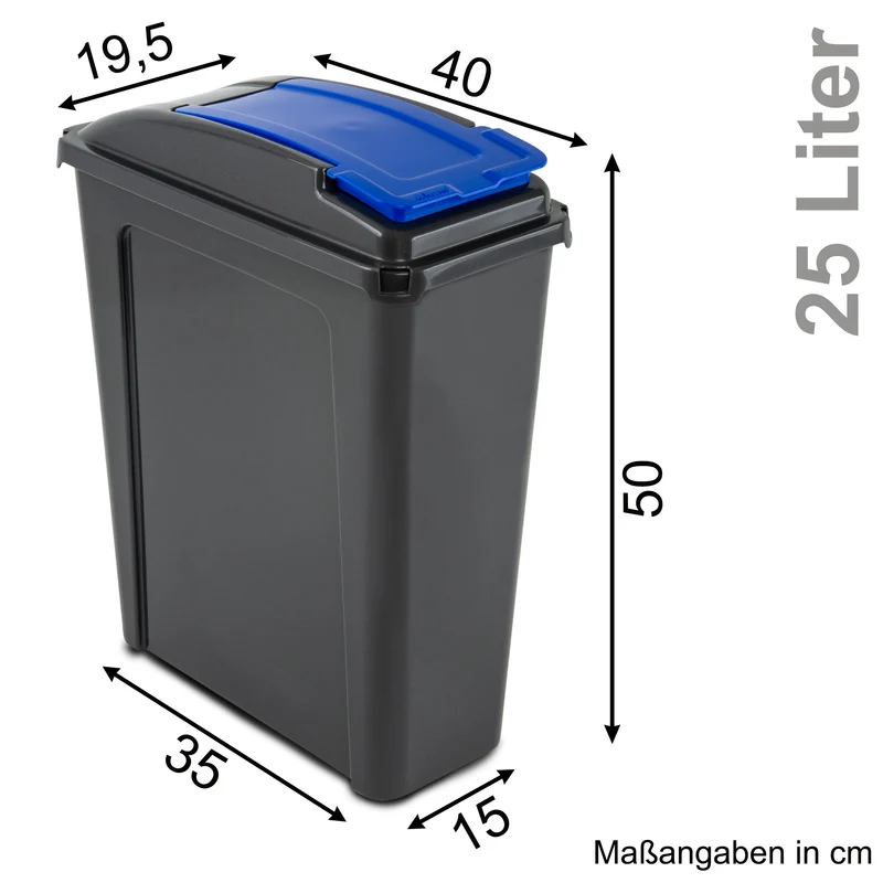 3x 25 Liter Mülltonne Schwarz Recyclingtonne 19x40x50cm mit abnehmbarem Klappdeckel - Schmal Küche Mistkübel Trash Bin Gelber Sack Groß Küchenabfalleimer Papiermülleimer