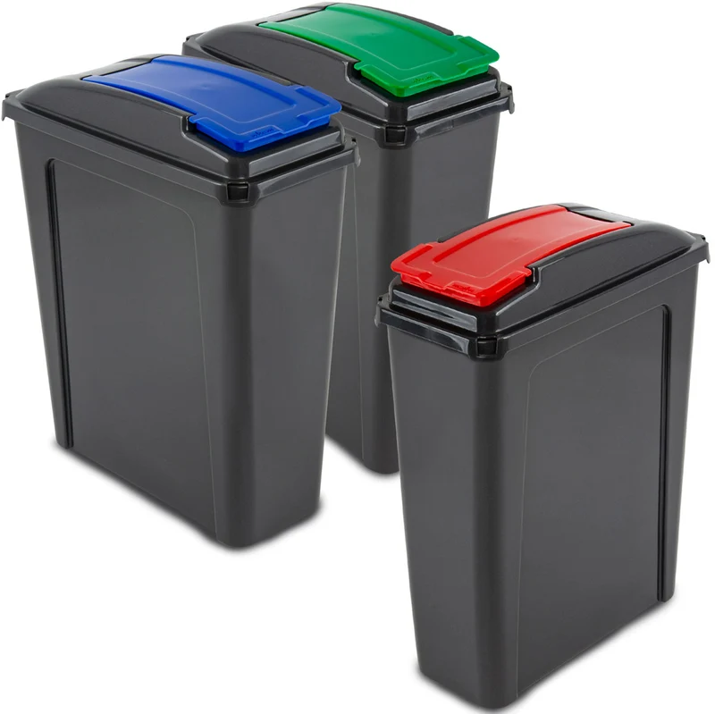 3x 25 Liter Mülltonne Schwarz Recyclingtonne 19x40x50cm mit abnehmbarem Klappdeckel - Schmal Küche Mistkübel Trash Bin Gelber Sack Groß Küchenabfalleimer Papiermülleimer