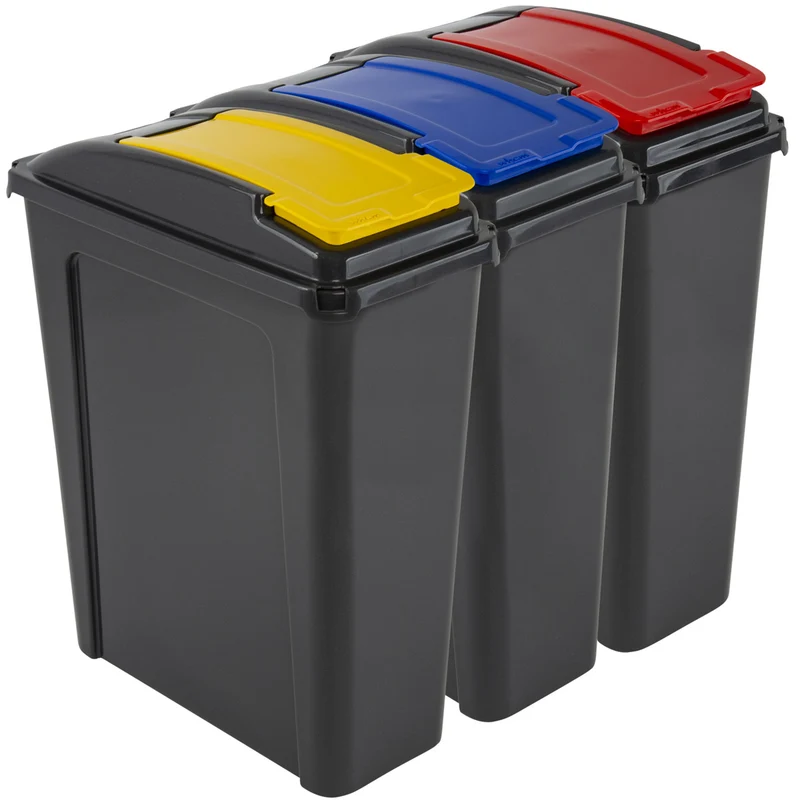 3x 25 Liter Mülltonne Schwarz Recyclingtonne 19x40x50cm mit abnehmbarem Klappdeckel - Schmal Küche Mistkübel Trash Bin Gelber Sack Groß Küchenabfalleimer Papiermülleimer