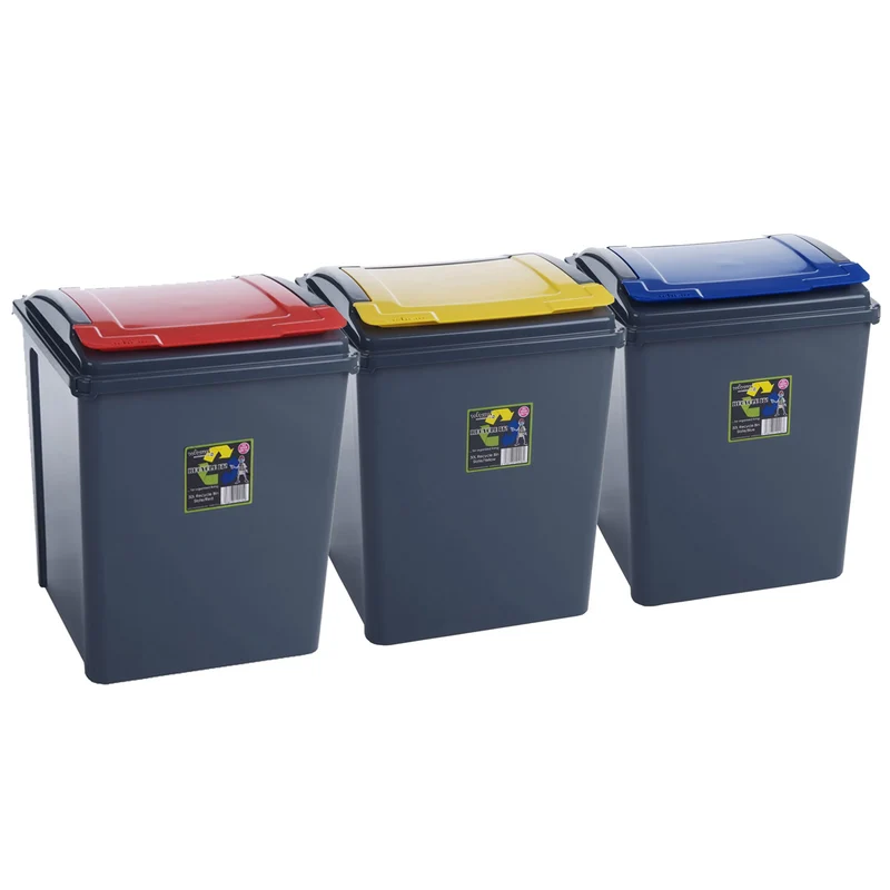 3x 50 Liter Mülltonne Schwarz Recyclingtonne 40x40x50cm mit abnehmbarem Klappdeckel - Küche Mistkübel Trash Bin Gelber Sack Groß Küchenabfalleimer Papiermülleimer