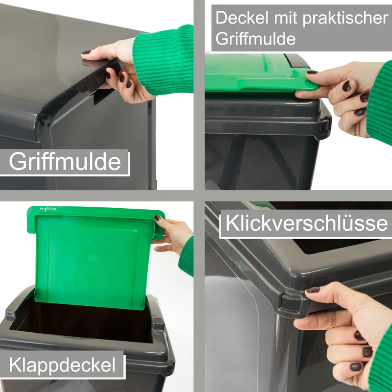 2x 25 Liter Mülltonne Schwarz Recyclingtonne 19x40x50cm mit abnehmbarem Klappdeckel - Schmal Küche Mistkübel Trash Bin Gelber Sack Groß Küchenabfalleimer Papiermülleimer