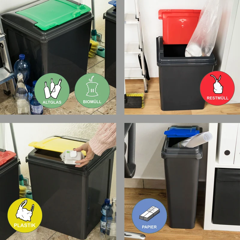 2x 25 Liter Mülltonne Schwarz Recyclingtonne 19x40x50cm mit abnehmbarem Klappdeckel - Schmal Küche Mistkübel Trash Bin Gelber Sack Groß Küchenabfalleimer Papiermülleimer