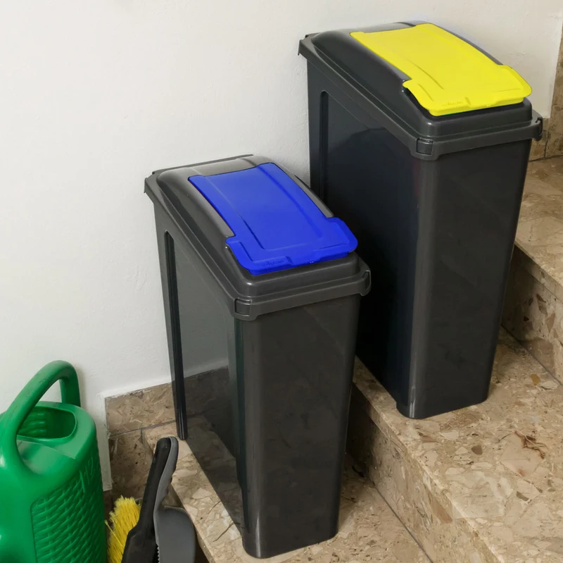 2x 25 Liter Mülltonne Schwarz Recyclingtonne 19x40x50cm mit abnehmbarem Klappdeckel - Schmal Küche Mistkübel Trash Bin Gelber Sack Groß Küchenabfalleimer Papiermülleimer