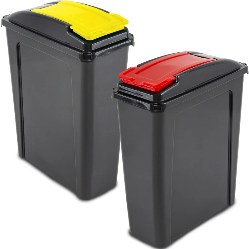 2x 25 Liter Mülltonne Schwarz Recyclingtonne 19x40x50cm mit abnehmbarem Klappdeckel - Schmal Küche Mistkübel Trash Bin Gelber Sack Groß Küchenabfalleimer Papiermülleimer