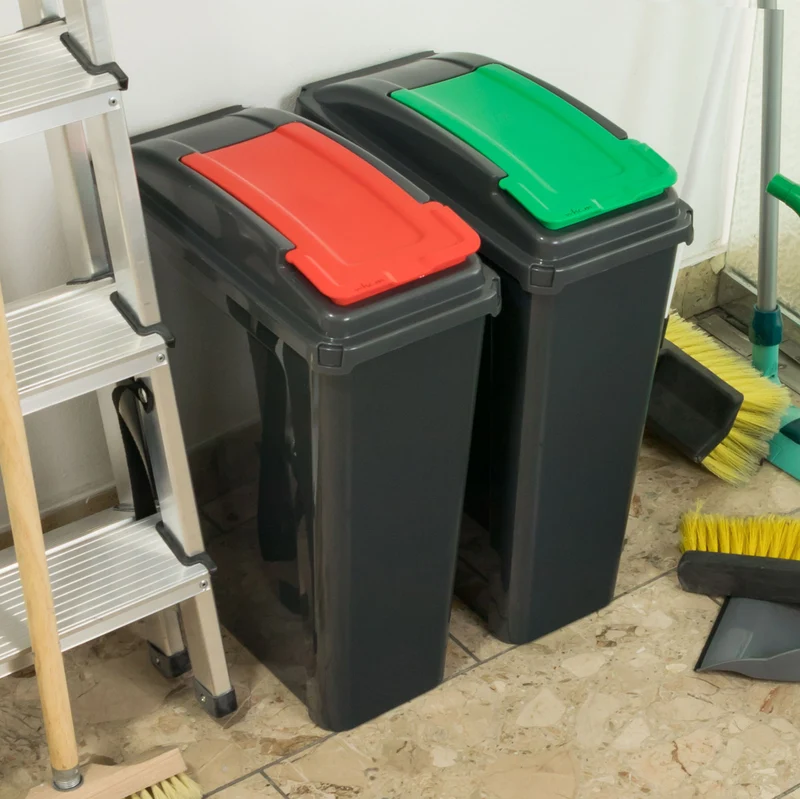 2x 25 Liter Mülltonne Schwarz Recyclingtonne 19x40x50cm mit abnehmbarem Klappdeckel - Schmal Küche Mistkübel Trash Bin Gelber Sack Groß Küchenabfalleimer Papiermülleimer