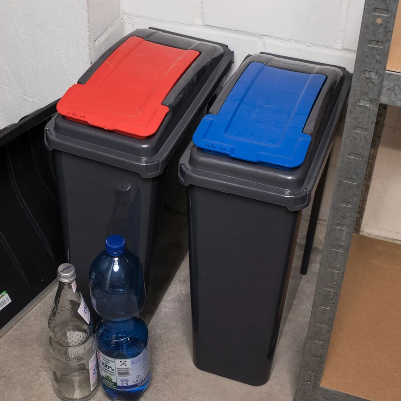 2x 25 Liter Mülltonne Schwarz Recyclingtonne 19x40x50cm mit abnehmbarem Klappdeckel - Schmal Küche Mistkübel Trash Bin Gelber Sack Groß Küchenabfalleimer Papiermülleimer