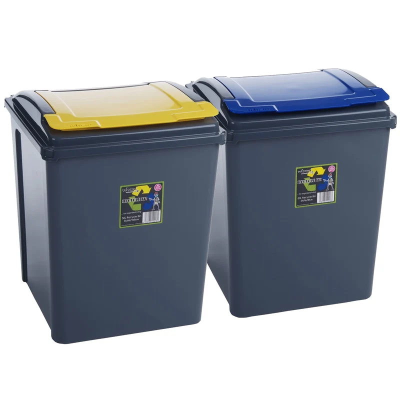 2x 50 Liter Mülltonne Schwarz Recyclingtonne 40x40x50cm mit abnehmbarem Klappdeckel - Küche Mistkübel Trash Bin Gelber Sack Groß Küchenabfalleimer Papiermülleimer