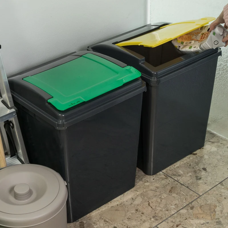2x 50 Liter Mülltonne Schwarz Recyclingtonne 40x40x50cm mit abnehmbarem Klappdeckel - Küche Mistkübel Trash Bin Gelber Sack Groß Küchenabfalleimer Papiermülleimer