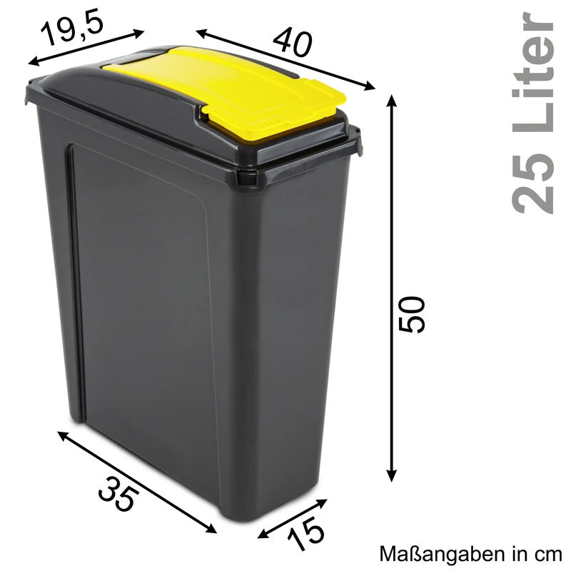 25 Liter Mülltonne Schwarz Recyclingtonne 19x40x50cm mit abnehmbarem Klappdeckel - Schmal Küche Mistkübel Trash Bin Gelber Sack Groß Küchenabfalleimer Papiermülleimer