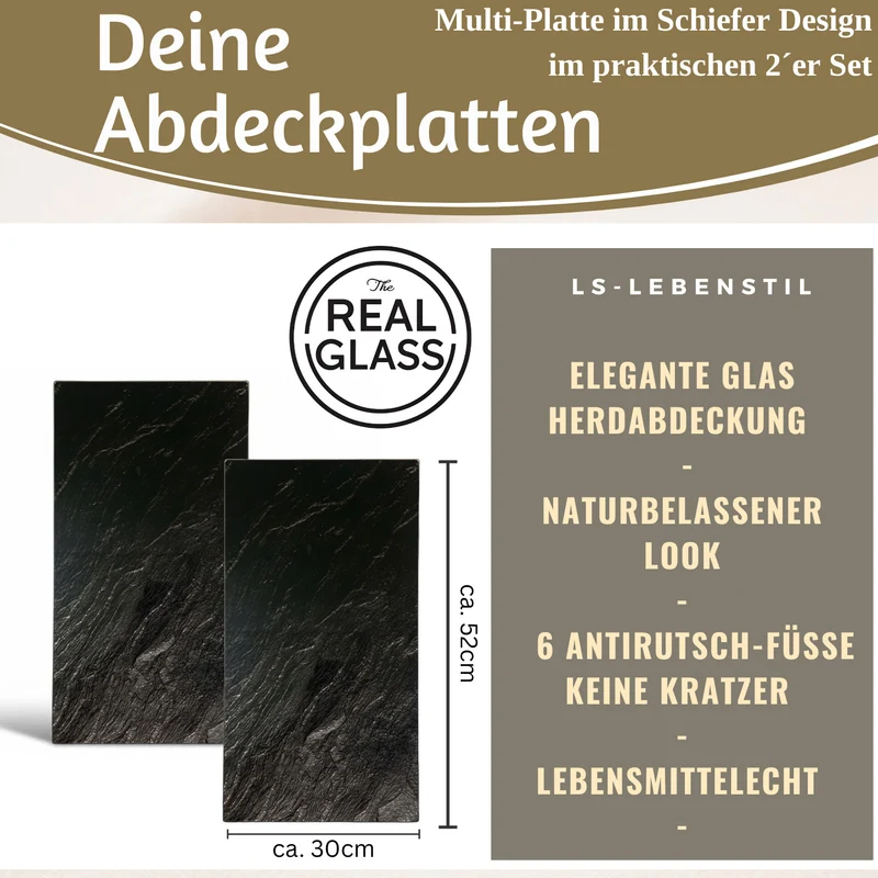 2´er Set Glas Herdabdeckplatten Schiefer 52x30cm Glasschneidebrett Schneidebrett
