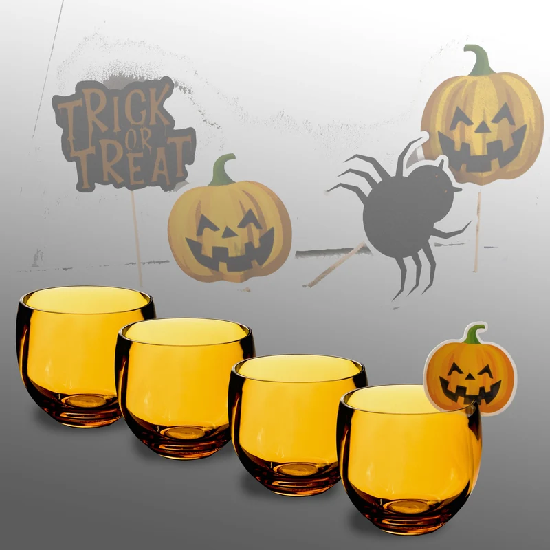Halloween Geschirrset aus Melamin für 4 Personen - 16 Teile - schwarz - mit orangen Trinkgläsern - Partygedeck Partygeschirr Party Tischdeko