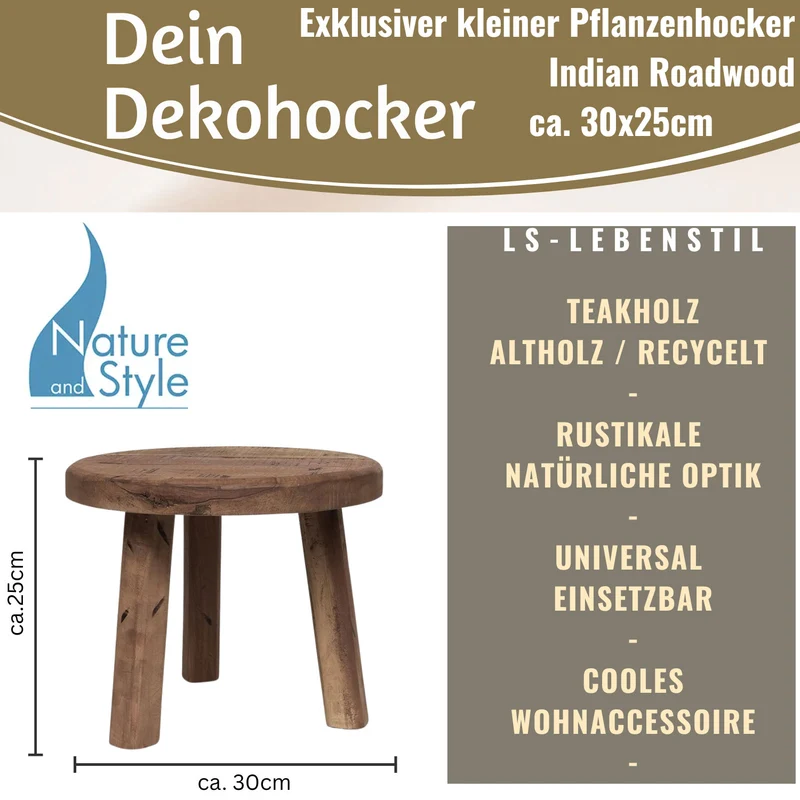 Vintage Holz Fußhocker Braun 30cm Rund Recycelt Tritthocker Schemel Fußbank