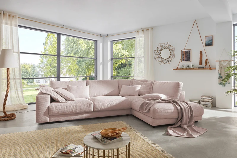 KAWOLA Sofa MADELINE Ecksofa mit Recamiere Cord rosa