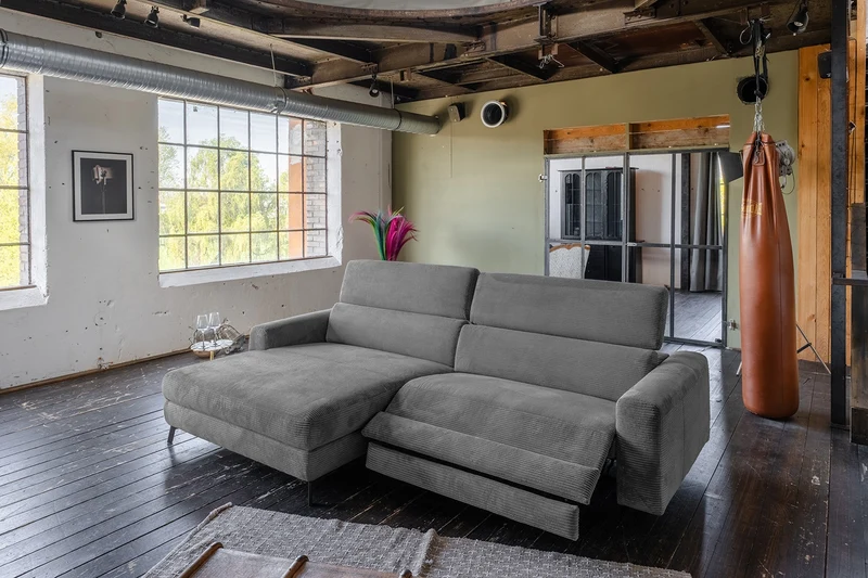KAWOLA Sofa LAISKA Ecksofa Relaxfunktion teilmotorisch Cord grau