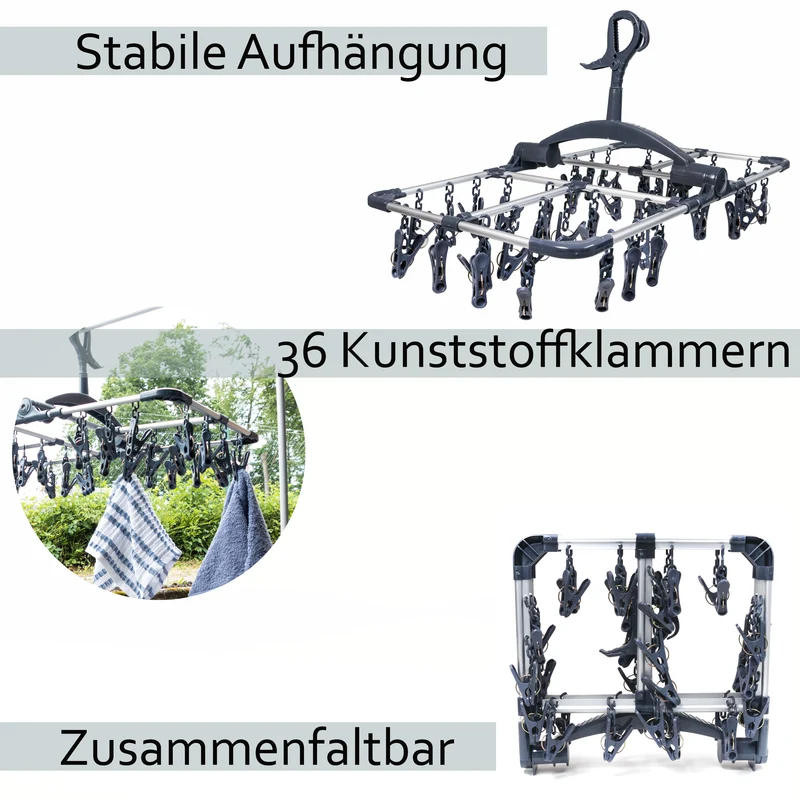 Wäschetrockner Aluminium 59x33cm faltbar mit 36 Wäscheklammern windgeschützter großer Aufhängehaken Hängetrockner Sockentrockner zum Aufhängen Wäscheständer Wäschespinne ideal für unterwegs Camping