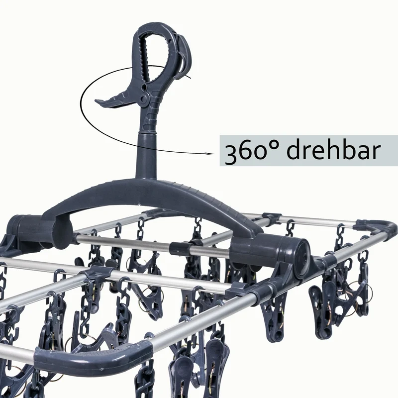 Wäschetrockner Aluminium 59x33cm faltbar mit 36 Wäscheklammern windgeschützter großer Aufhängehaken Hängetrockner Sockentrockner zum Aufhängen Wäscheständer Wäschespinne ideal für unterwegs Camping