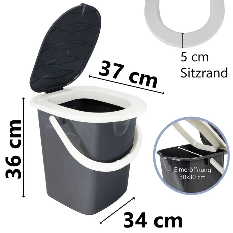 Camping Eimertoilette mit Deckel und Sitzbrille - bis 120kg belastbar - Sitzhöhe 35cm Toiletteneimer Campingtoilette ohne Chemie WC Hygieneeimer Gartentoilette Pool Baustelle Wohnmobil mobile Toilette