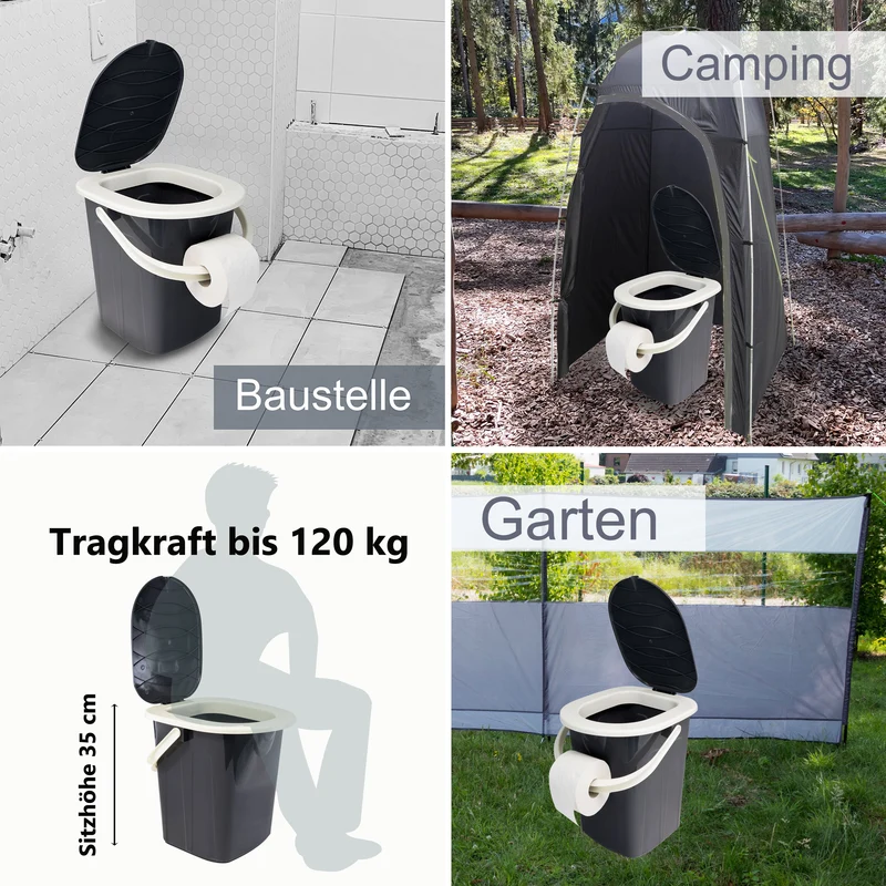 Camping Eimertoilette mit Deckel und Sitzbrille - bis 120kg belastbar - Sitzhöhe 35cm Toiletteneimer Campingtoilette ohne Chemie WC Hygieneeimer Gartentoilette Pool Baustelle Wohnmobil mobile Toilette