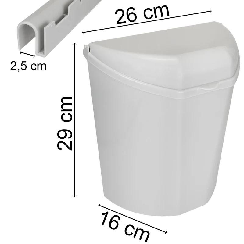Mülleimer 26x29cm für Camping Küche - 7 Liter - Grau - Hängender Mülleimer Einfache Montage an Leisten Schranktüren Wandmontage Abfalleimer mit Halterungen