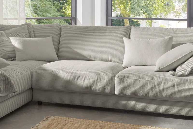 KAWOLA Sofa MADELINE Ecksofa mit Recamiere Cord steingrau