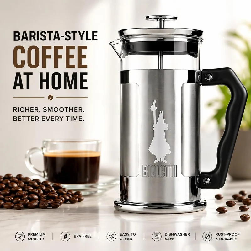 Bialetti Kaffeepresse Preziosa, French Press Filter für Kaffee oder Tee, Gehäuse aus Edelstahl und Behälter aus Borosilikatglas, spülmaschinenfest, 1 Liter, 8 Tassen, Silber