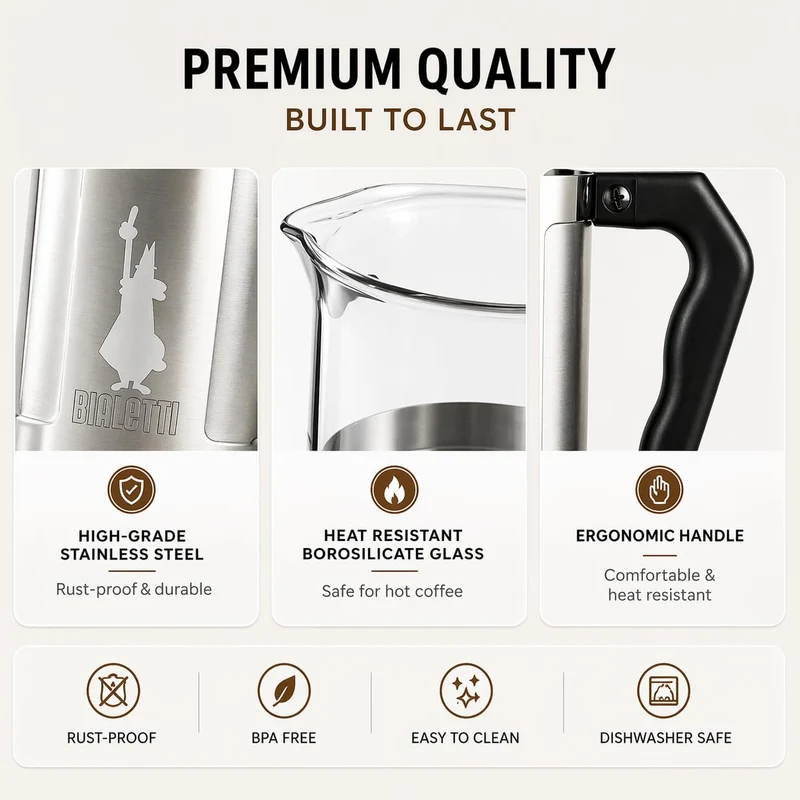 Bialetti Kaffeepresse Preziosa, French Press Filter für Kaffee oder Tee, Gehäuse aus Edelstahl und Behälter aus Borosilikatglas, spülmaschinenfest, 1 Liter, 8 Tassen, Silber