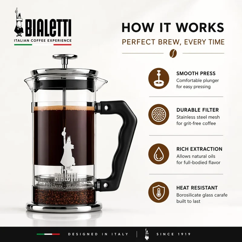 Bialetti Kaffeepresse Preziosa, French Press Filter für Kaffee oder Tee, Gehäuse aus Edelstahl und Behälter aus Borosilikatglas, spülmaschinenfest, 1 Liter, 8 Tassen, Silber