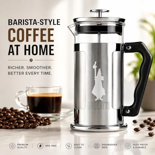 Bialetti Kaffeepresse Preziosa, French Press Filter für Kaffee oder Tee, Gehäuse aus Edelstahl und Behälter aus Borosilikatglas, spülmaschinenfest, 1 Liter, 8 Tassen, Silber